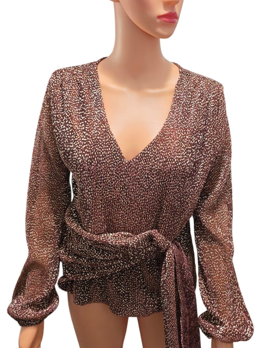 Nicole Miller Metallic Faux-Wrap 70s Disco Glam Peplum Night-Out Blouse Sz M